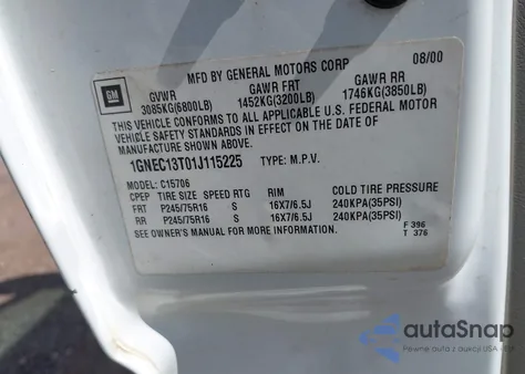 2001 Chevrolet Tahoe Lt from USA, damaged, VIN 1GNEC13T01J115225